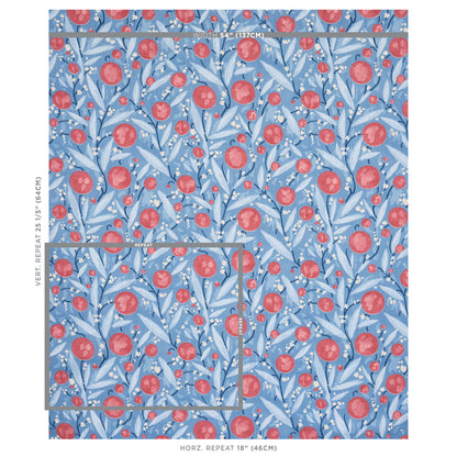 Blue botanical pattern with red berries on leafy vines; seamless print for fabric or wallpaper.