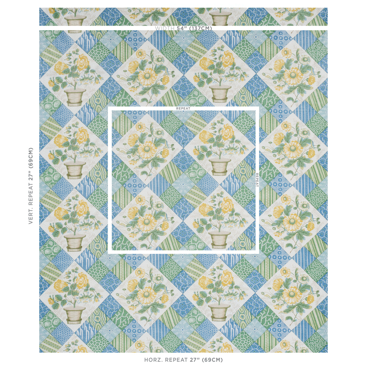 Patchwork diamond wallpaper in blue, green and white with yellow sunflower pot motifs.