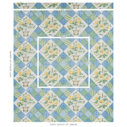 Patchwork diamond wallpaper in blue, green and white with yellow sunflower pot motifs.