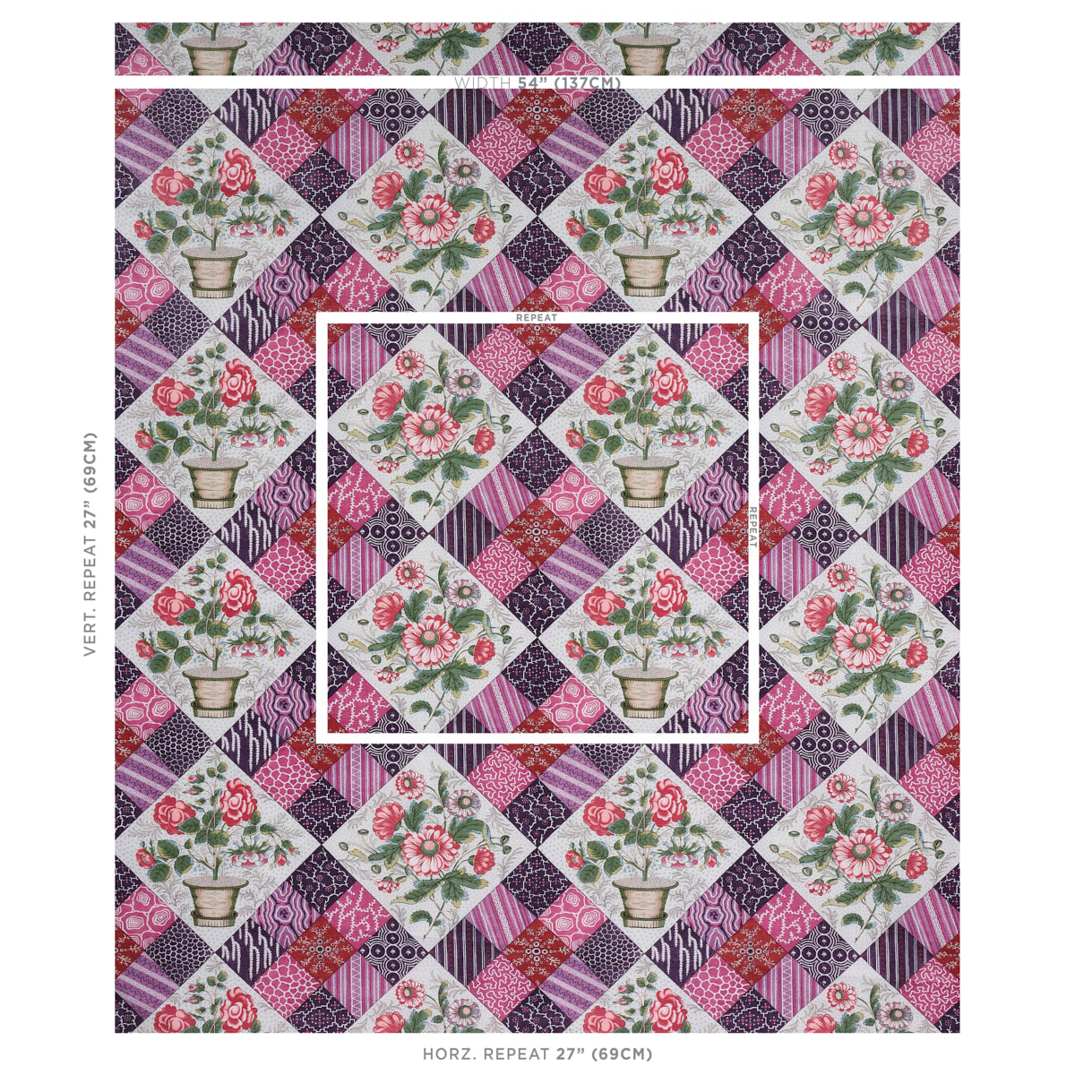 Quilted patchwork with purple, pink, and lavender diamonds featuring white floral bouquet squares and pink border.