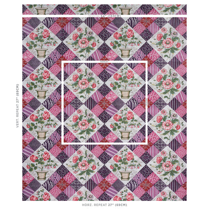 Quilted patchwork with purple, pink, and lavender diamonds featuring white floral bouquet squares and pink border.