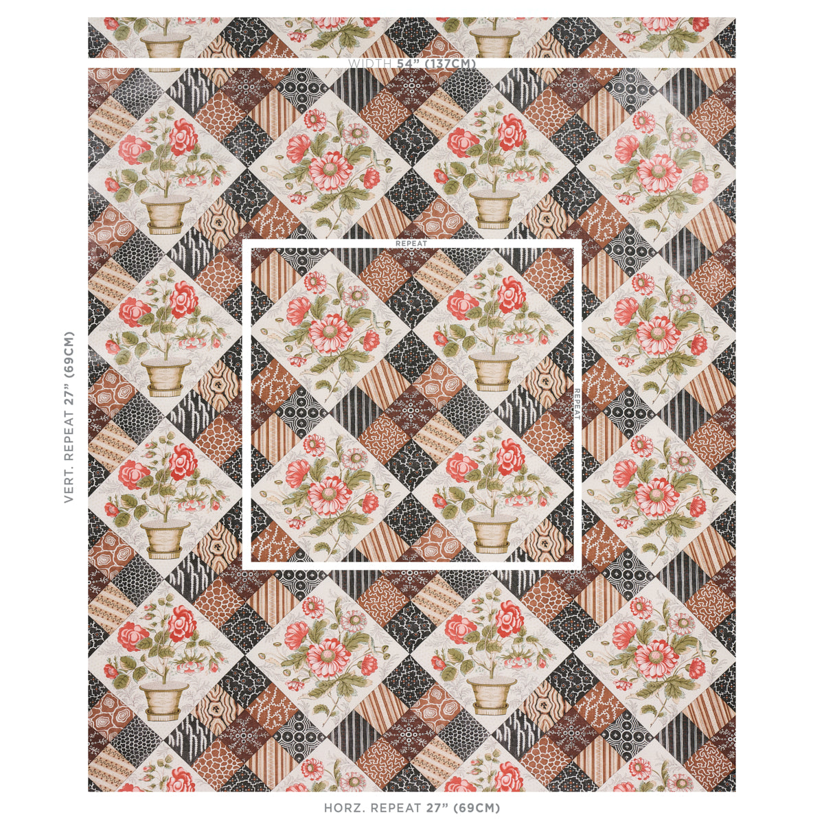 Patchwork quilt with diamond grid of floral bouquet blocks in vases, brown/tan patterned patches, white inner border.