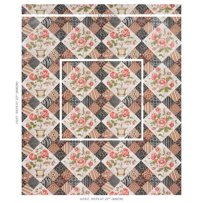 Patchwork quilt with diamond grid of floral bouquet blocks in vases, brown/tan patterned patches, white inner border.