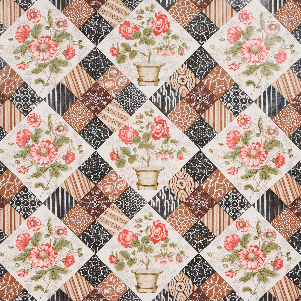 Diamond patchwork quilt pattern with white tiles featuring pink rose bouquets and brown geometric patches in earthy tones.