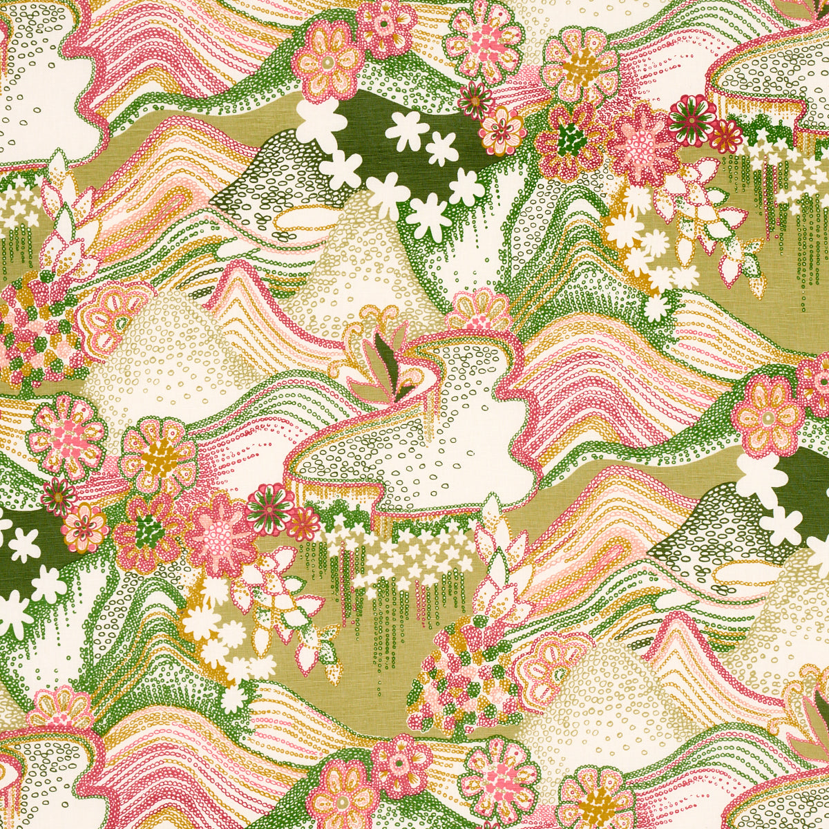 SCHUMACHER FABRIC  CLEMENTS RIBEIRO DAISY CHAIN   GREEN AND PINK   - 180131