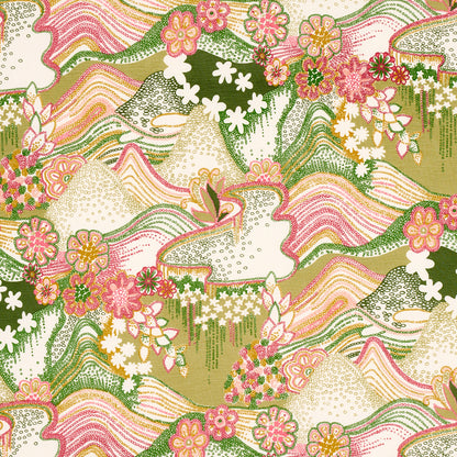 SCHUMACHER FABRIC  CLEMENTS RIBEIRO DAISY CHAIN   GREEN AND PINK   - 180131