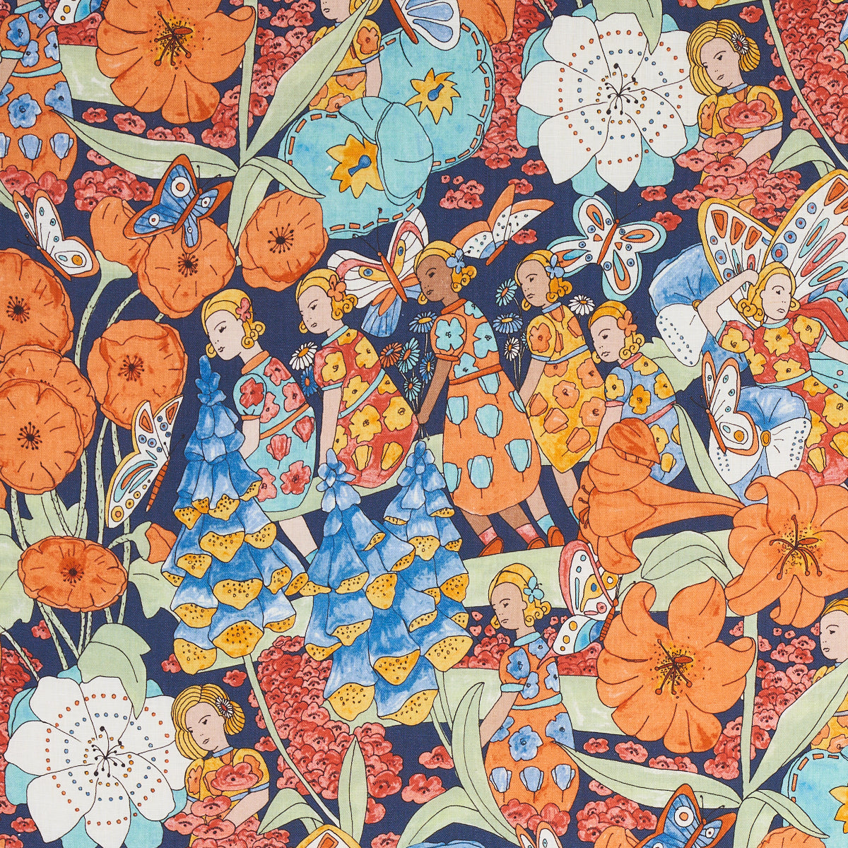 SCHUMACHER  CLEMENTS RIBEIRO FAIRIE GARDEN PRINTS PRINTS ORANGE AND NAVY   - 180141