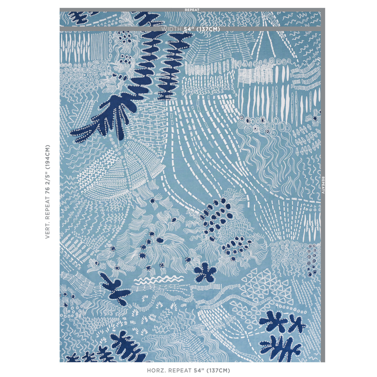 Teal and navy abstract fabric print with seaweed/coral motifs.