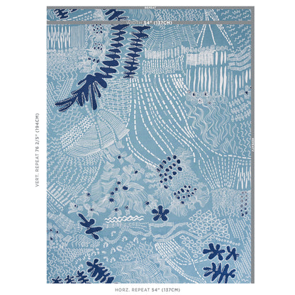 Teal and navy abstract fabric print with seaweed/coral motifs.