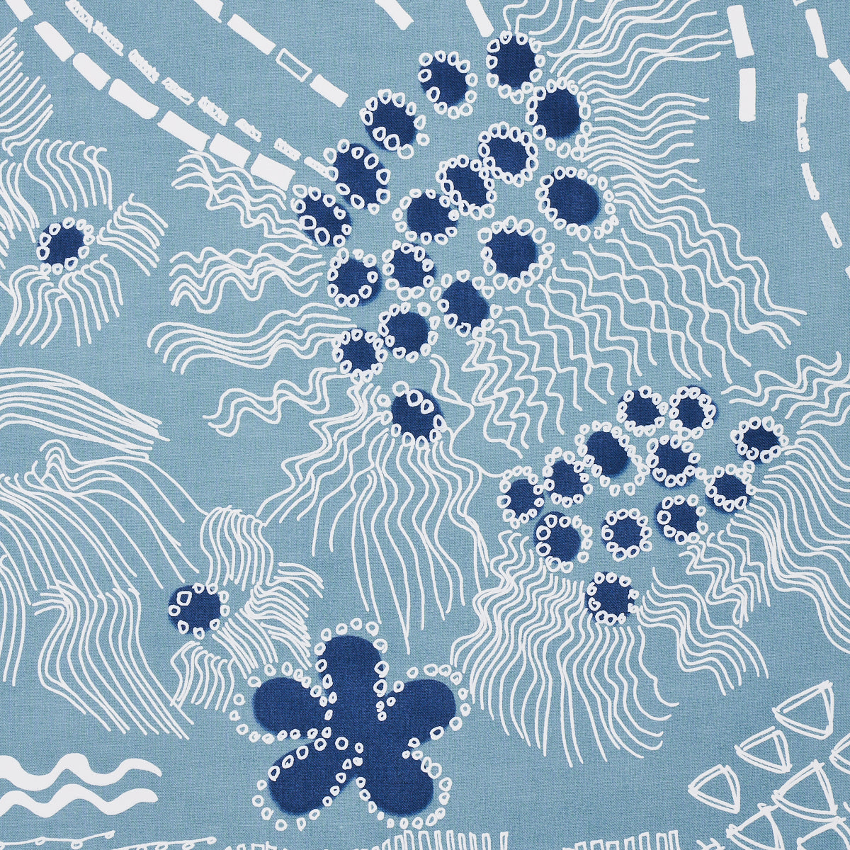 Teal and navy cotton fabric with white wavy lines and navy dotted flower clusters in a batik-style print.