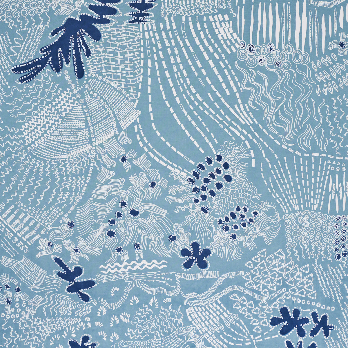 Teal and navy fabric with white and navy abstract coral/seaweed patterns, with wavy lines and dotted textures.