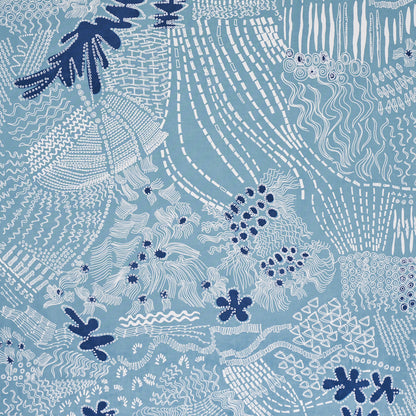 Teal and navy fabric with white and navy abstract coral/seaweed patterns, with wavy lines and dotted textures.