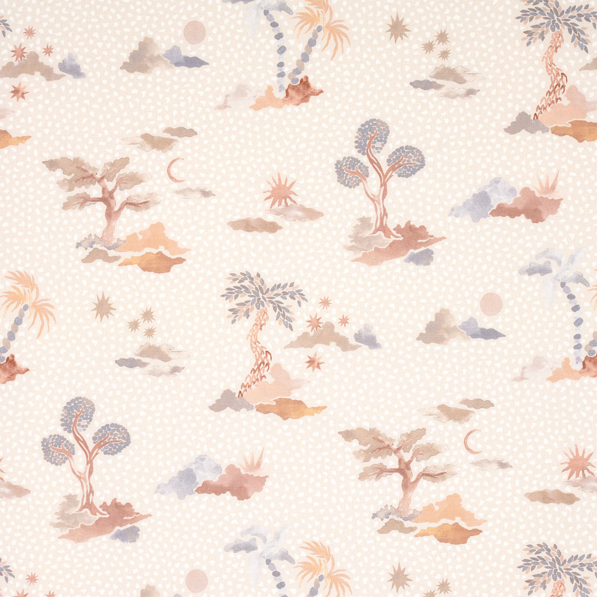Pastel tropical pattern with palm trees, islands, clouds and moons on a cream dotted background; ideal for wallpaper.