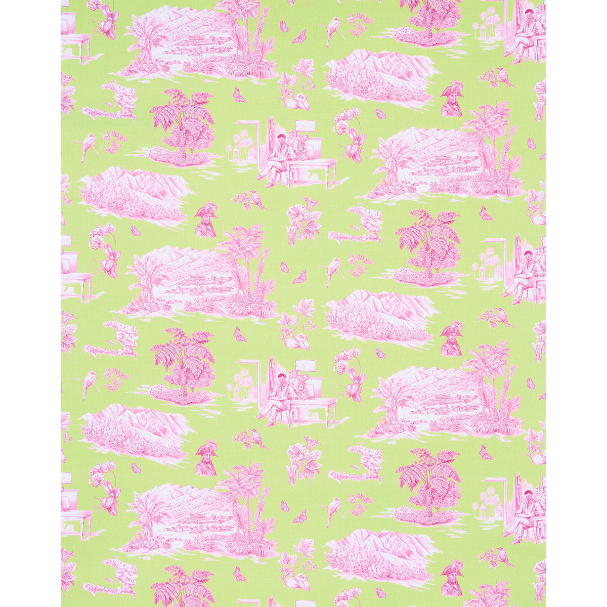 Lime green fabric with pink toile-style countryside illustrations in a repeating pattern.