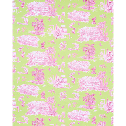 Lime green fabric with pink toile-style countryside illustrations in a repeating pattern.