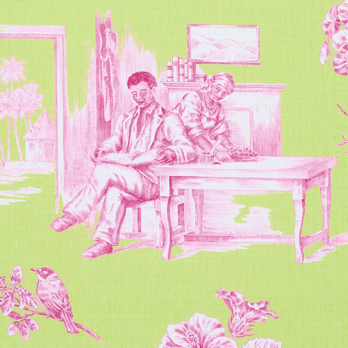 Pink line-art scene of two people at a desk in a room with a fireplace, birds and flowers on a lime-green pattern.