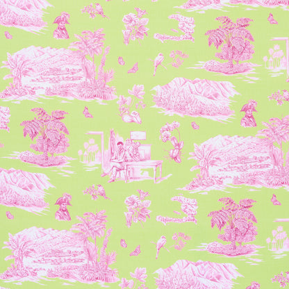 Lime green fabric with pink toile-style scenery motifs - palm trees, mountains, and small figures; vintage decorative pattern.