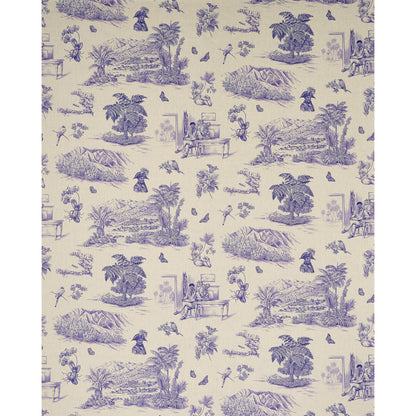 Beige fabric with lilac toile-style tropical scenes: palm trees, islands, huts, birds and people.