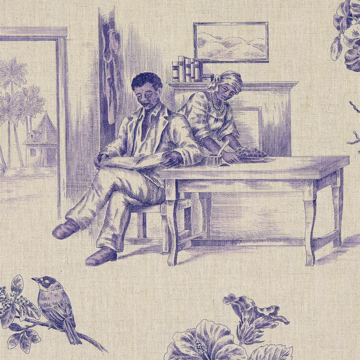 Purple-toned vintage toile print illustration: a man seated at a desk with a woman leaning over papers in a study, with a fireplace and plants.