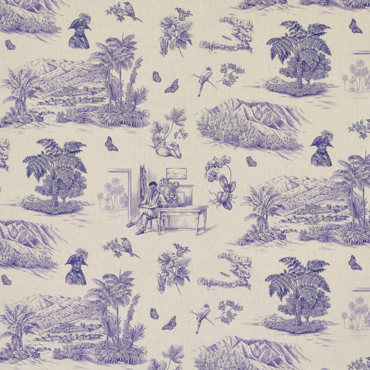 Beige fabric with lavender-blue toile landscape pattern: palm trees, mountains, islands, people, and butterflies.