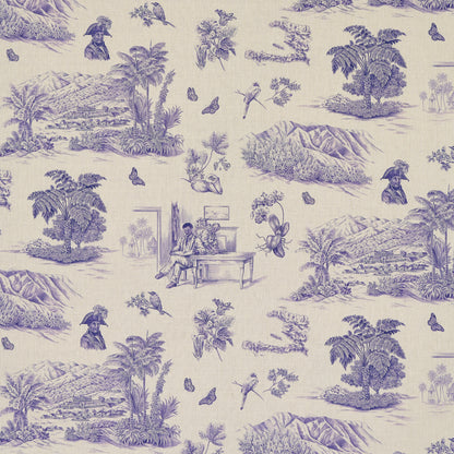 Beige fabric with lavender-blue toile landscape pattern: palm trees, mountains, islands, people, and butterflies.