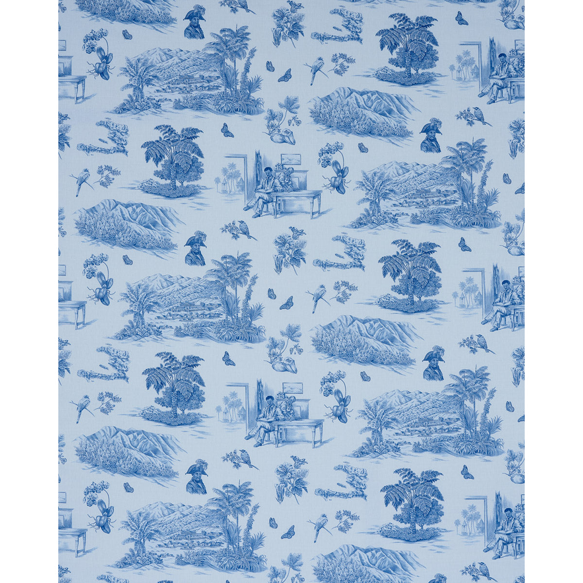 Blue toile fabric pattern with tropical islands, palm trees, birds, mountains, and people at tables.