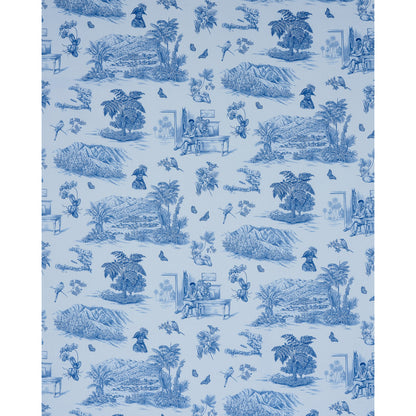 Blue toile fabric pattern with tropical islands, palm trees, birds, mountains, and people at tables.