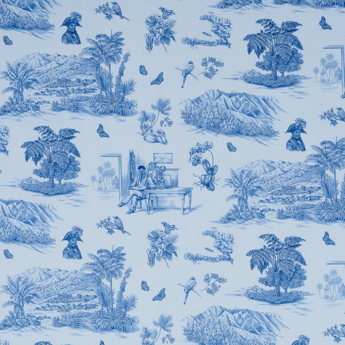 Blue and white toile fabric featuring pastoral landscapes, palm trees, mountains, birds, butterflies, and a couple at a piano.