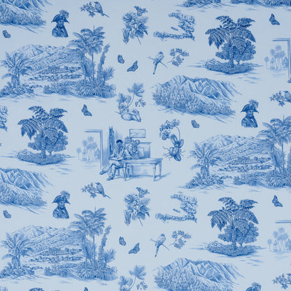 Blue and white toile fabric featuring pastoral landscapes, palm trees, mountains, birds, butterflies, and a couple at a piano.