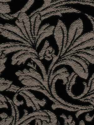 Slate damask floral pattern on upholstery fabric; ornate textile.