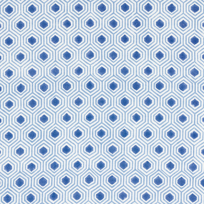 Blue geometric hexagon pattern with interlocking nested hexagons on a light background.