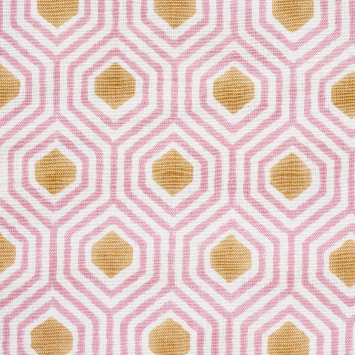 Pink geometric lattice with gold diamond centers; retro mid-century wallpaper or fabric print.