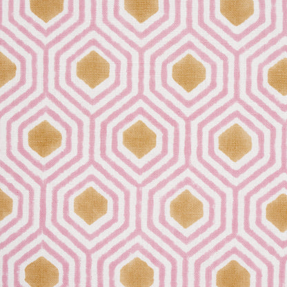Pink geometric lattice with gold diamond centers; retro mid-century wallpaper or fabric print.