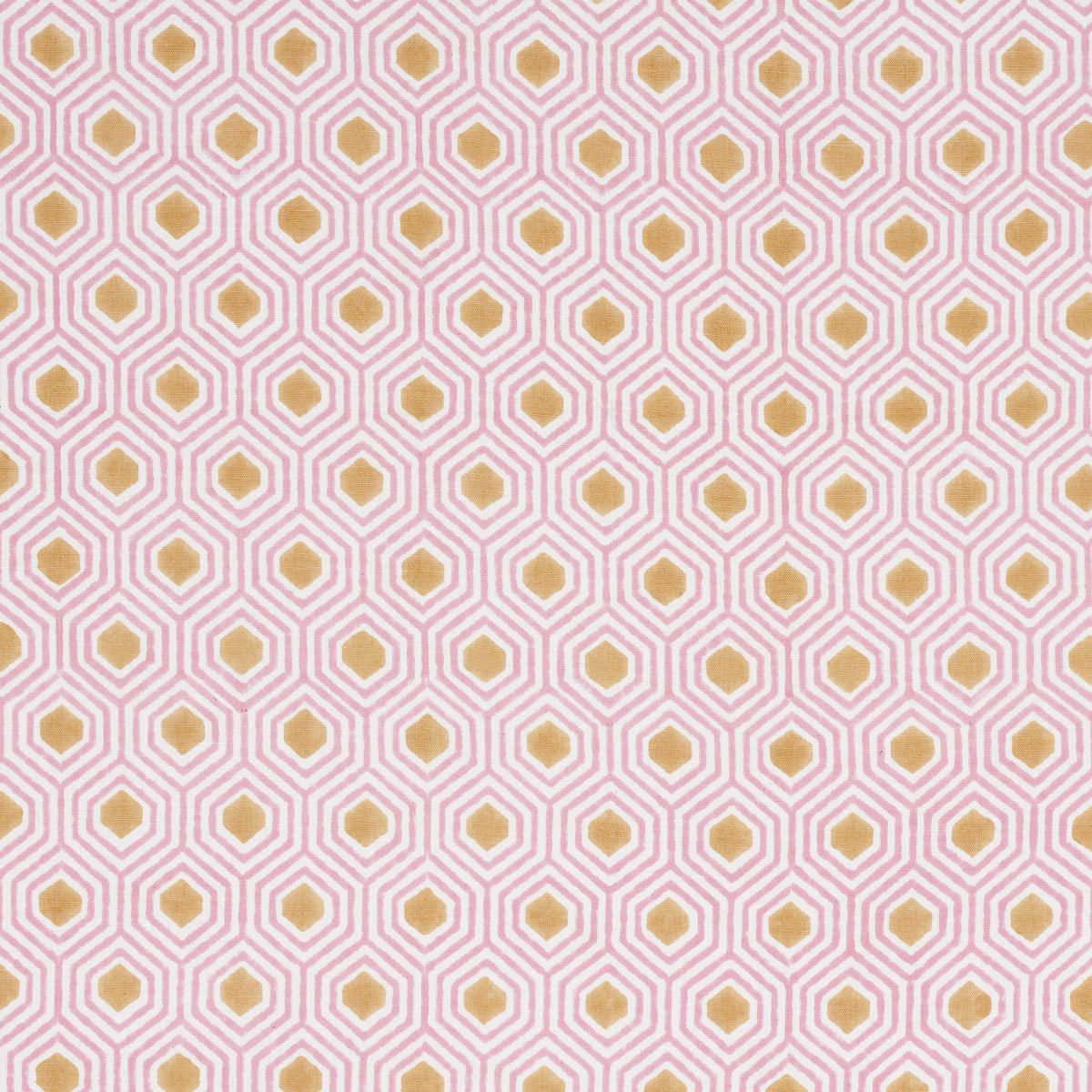 Pink hexagonal honeycomb pattern with gold circular centers; retro textile or wallpaper print.