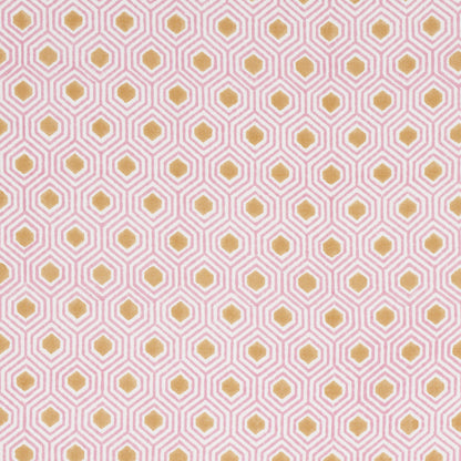 Pink hexagonal honeycomb pattern with gold circular centers; retro textile or wallpaper print.