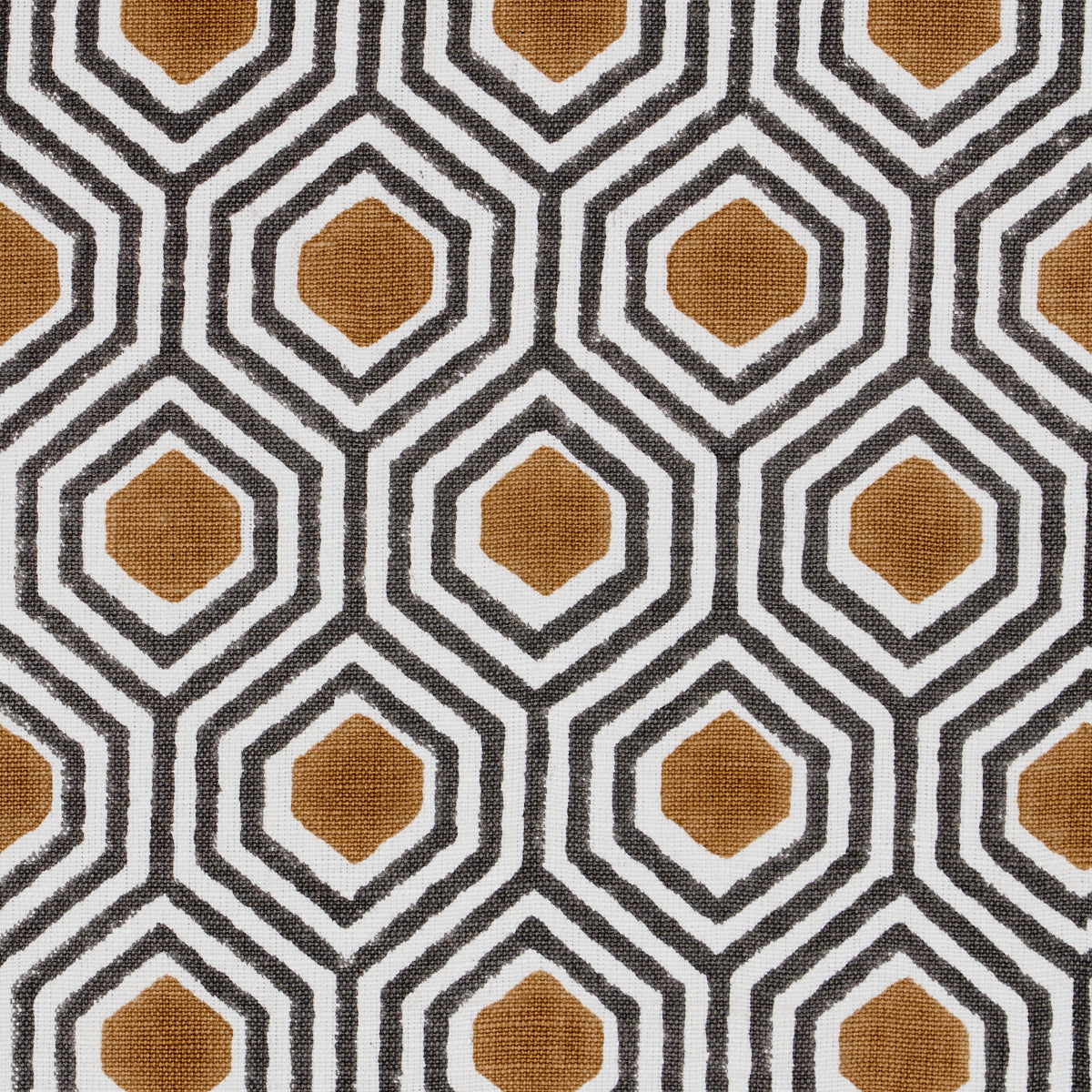 Dark neutral print featuring a hand-print motif with a black-and-white geometric border and orange circular accents.