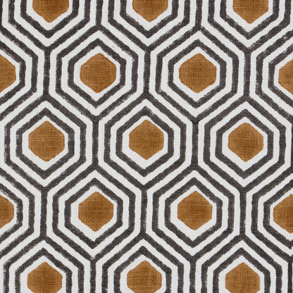 Dark neutral print featuring a hand-print motif with a black-and-white geometric border and orange circular accents.