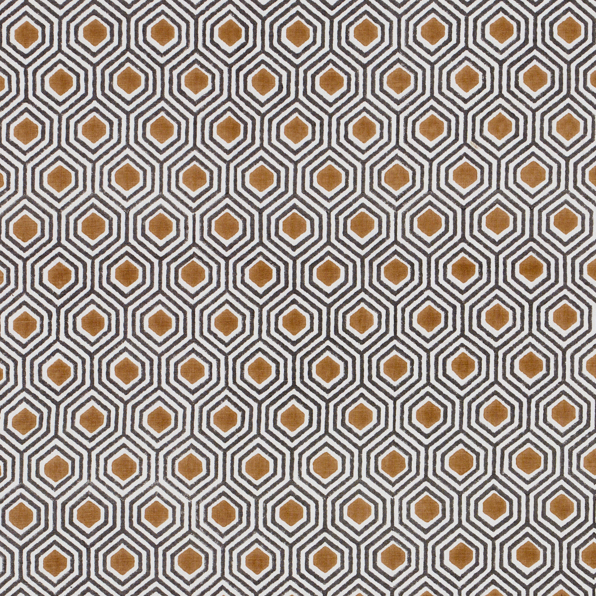 Geometric hex textile print with gray background, white and dark gray hex outlines, orange centers; modern retro decor