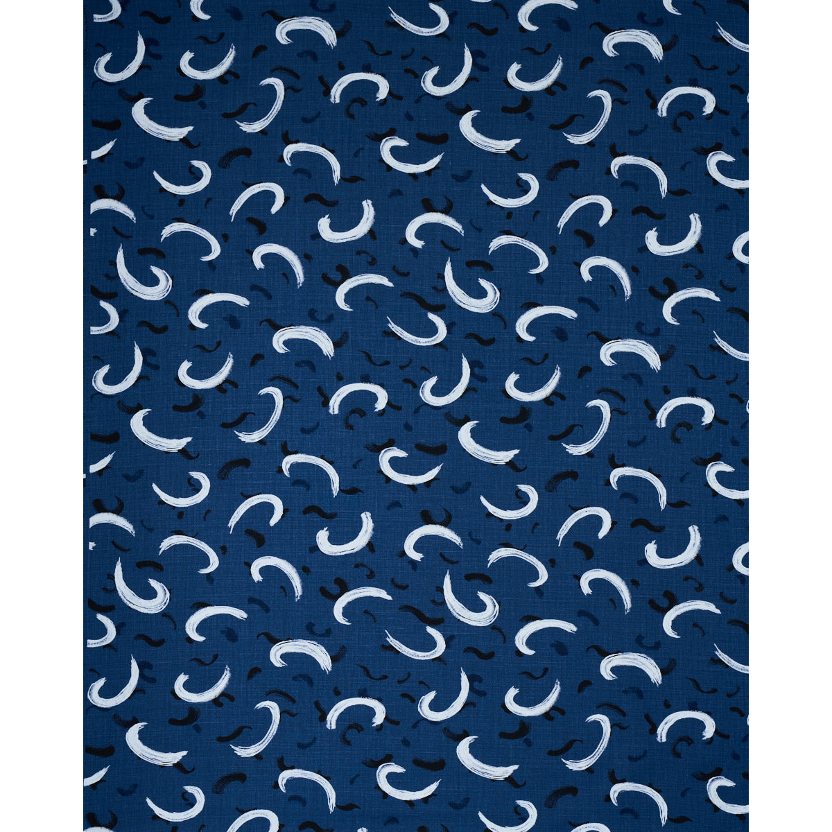 Navy blue fabric with a repeating white crescent moon print and small dark accents.