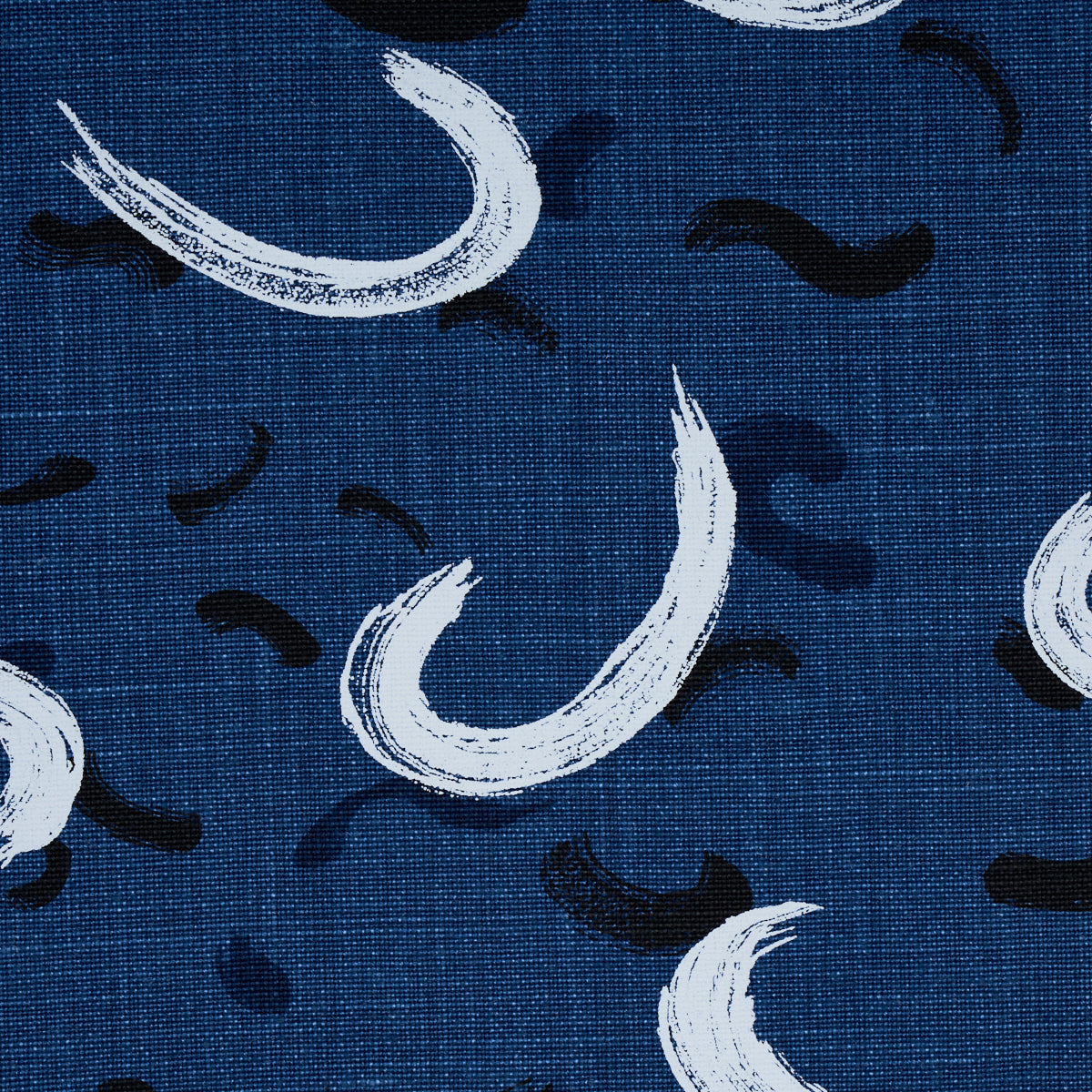 Navy blue linen-look fabric with white brushstroke crescent motifs and small dark squiggles.