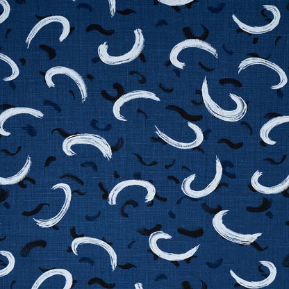 Navy blue fabric with white and black curved crescent brushstrokes; abstract modern textile for clothing or decor.