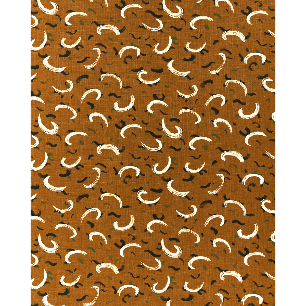 Rust-orange textile with white and black crescent brushstroke motifs in a repeating boho pattern.