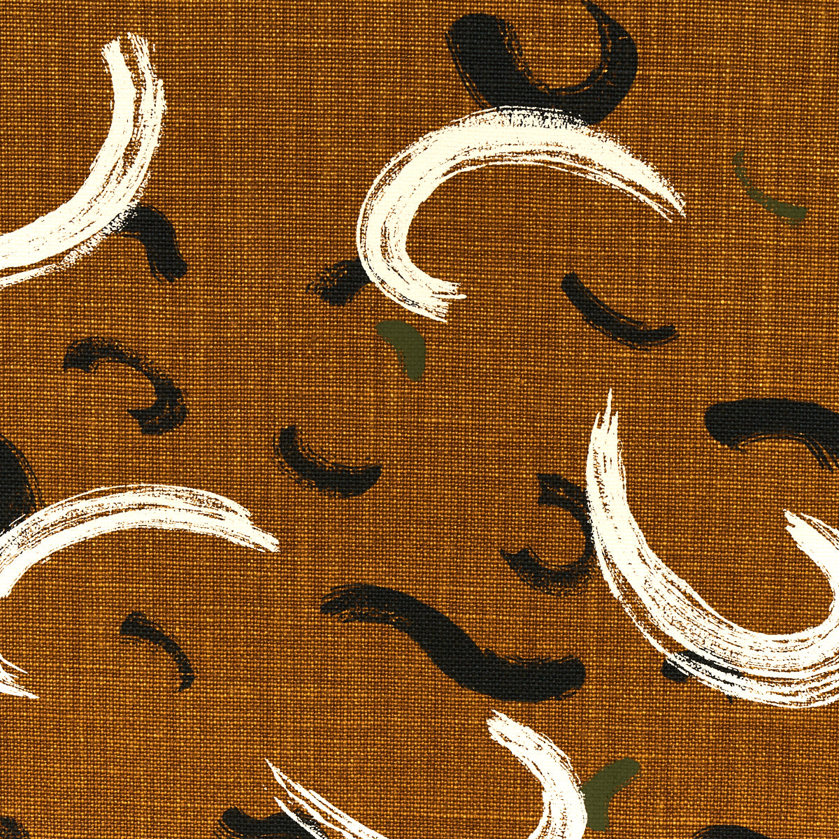 Brown textured fabric featuring white brushstroke arches and black curves with subtle green accents.