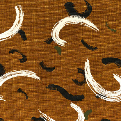 Brown textured fabric featuring white brushstroke arches and black curves with subtle green accents.