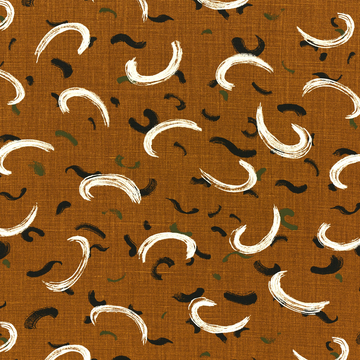Gold fabric with white curved brushstroke motifs and small black and olive accents; abstract textile pattern.