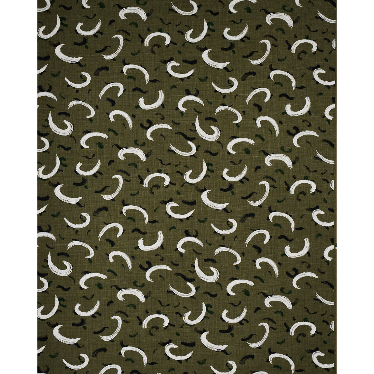 Olive green fabric with dense repeating white crescent shapes and subtle dark accents.