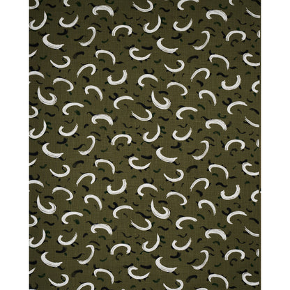 Olive green fabric with dense repeating white crescent shapes and subtle dark accents.