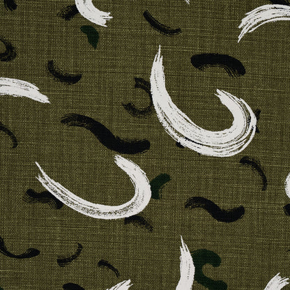Olive green woven fabric pattern with white brushstroke crescents, black curved marks, and small green leaf accents.