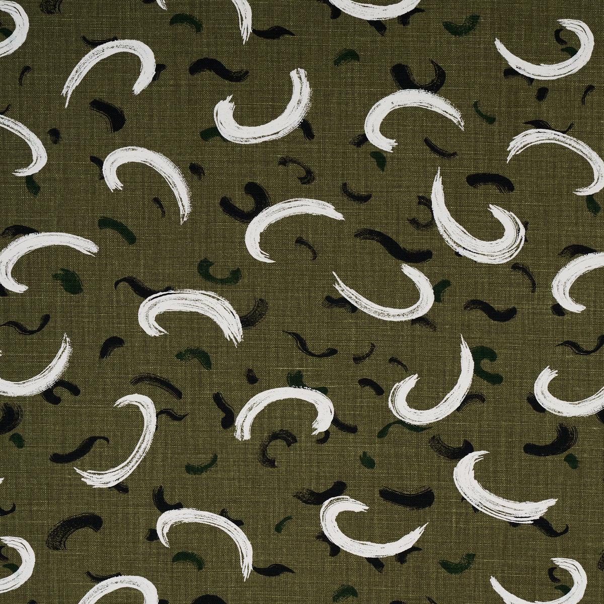 Olive green linen-textured fabric with white crescent brushstrokes and small black/dark green curves in abstract pattern.