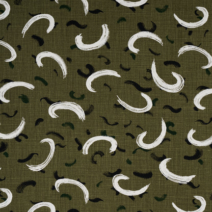 Olive green linen-textured fabric with white crescent brushstrokes and small black/dark green curves in abstract pattern.
